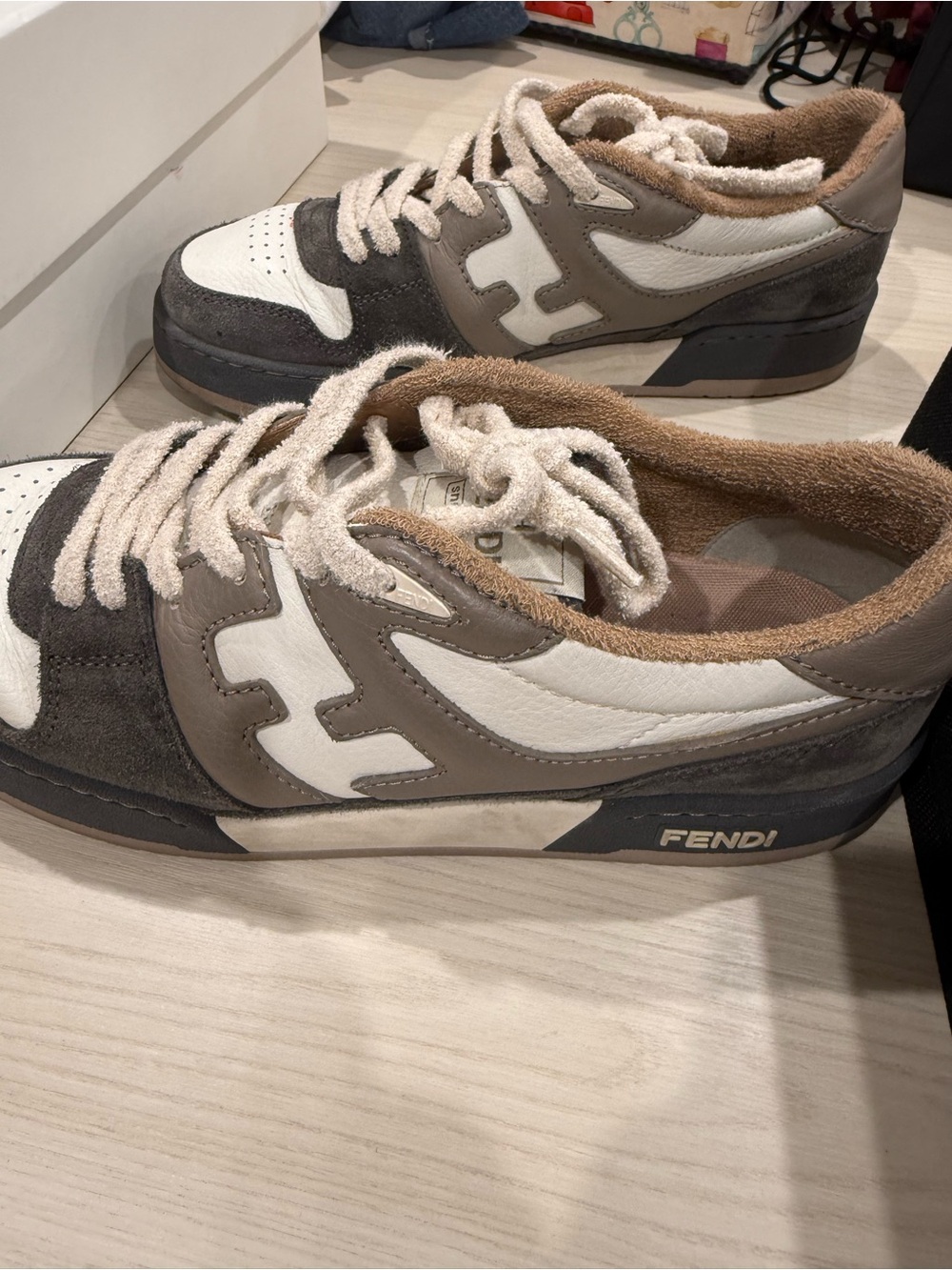 Fendi Neutral Leather & Suede Sneakers - Cream & Brown